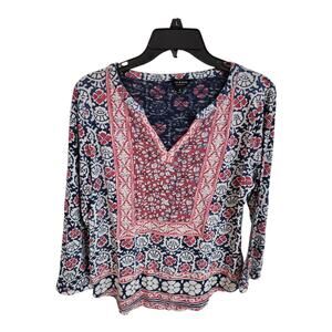 Lucky Brand Top Size M Boho Peasant Floral V Neck Popover Long Sleeve Blue Red